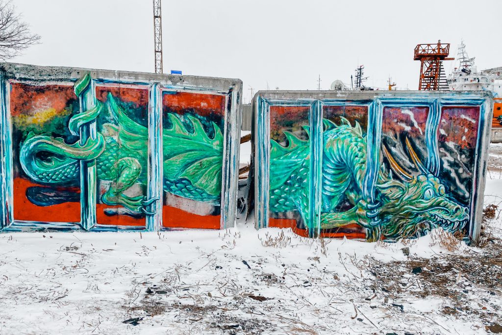 Street art on containers at Russky Island