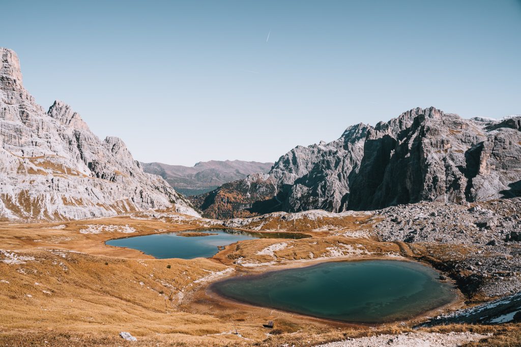 The turquoise mountain lakes of the Laghi dei Piani on the Tre Cime di Lavaredo hike