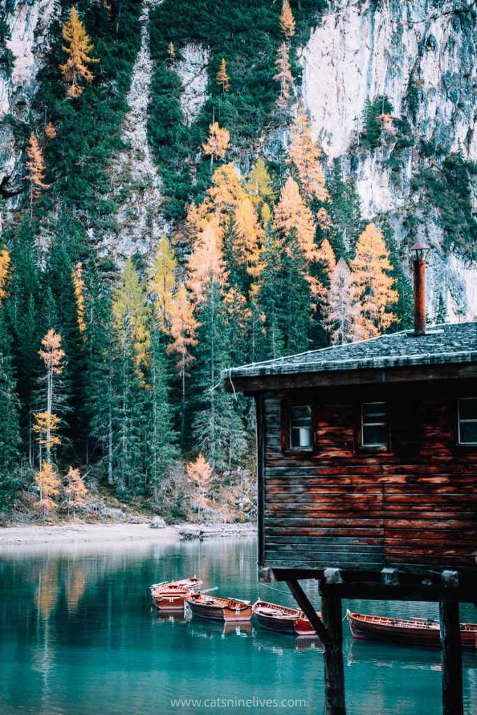 the wooden boathouse and wooden rowboats of lago di braies 
