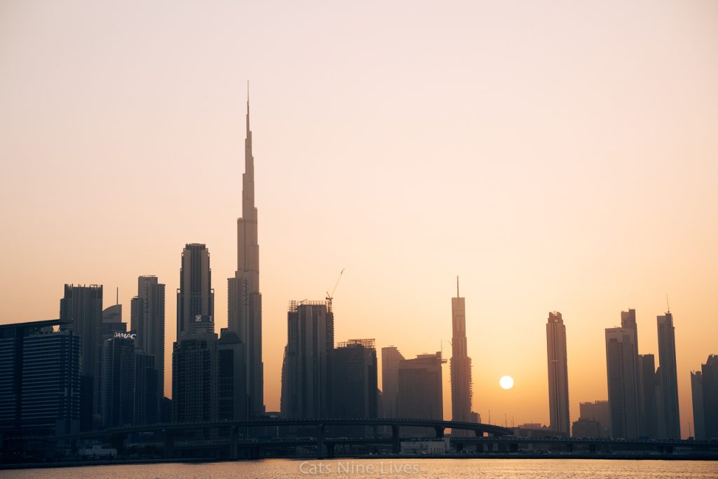 Dubai city skyline dominated by the Burj Khalifa at sunset