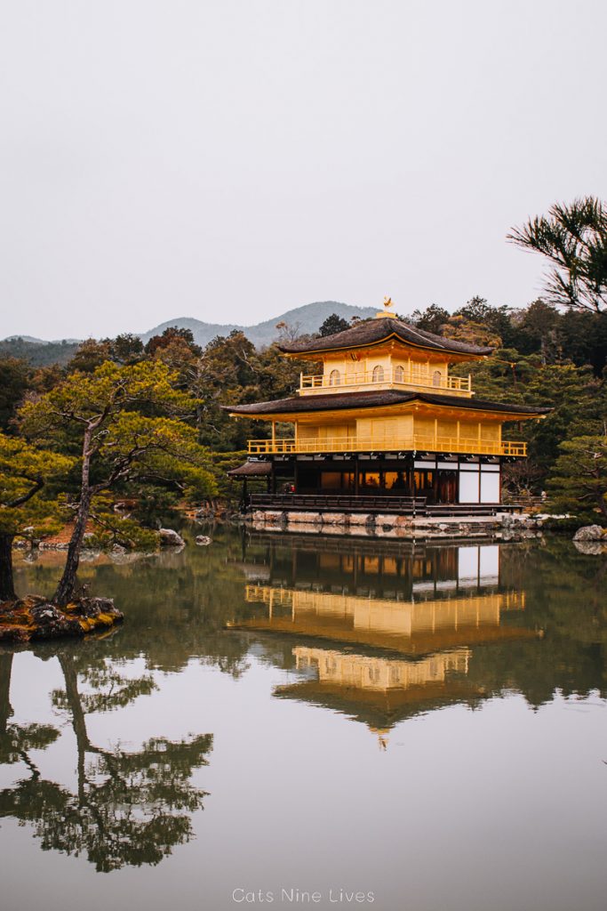 The golden Kinkaku-ji temple reflected in a still pond in Kyoto Japan